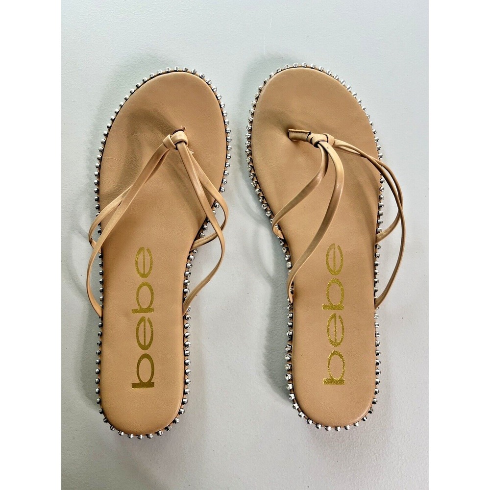 Bebe Chora Women 10 Natural Beige Rhinestone Embellished Thong Flat Sandals‎ New